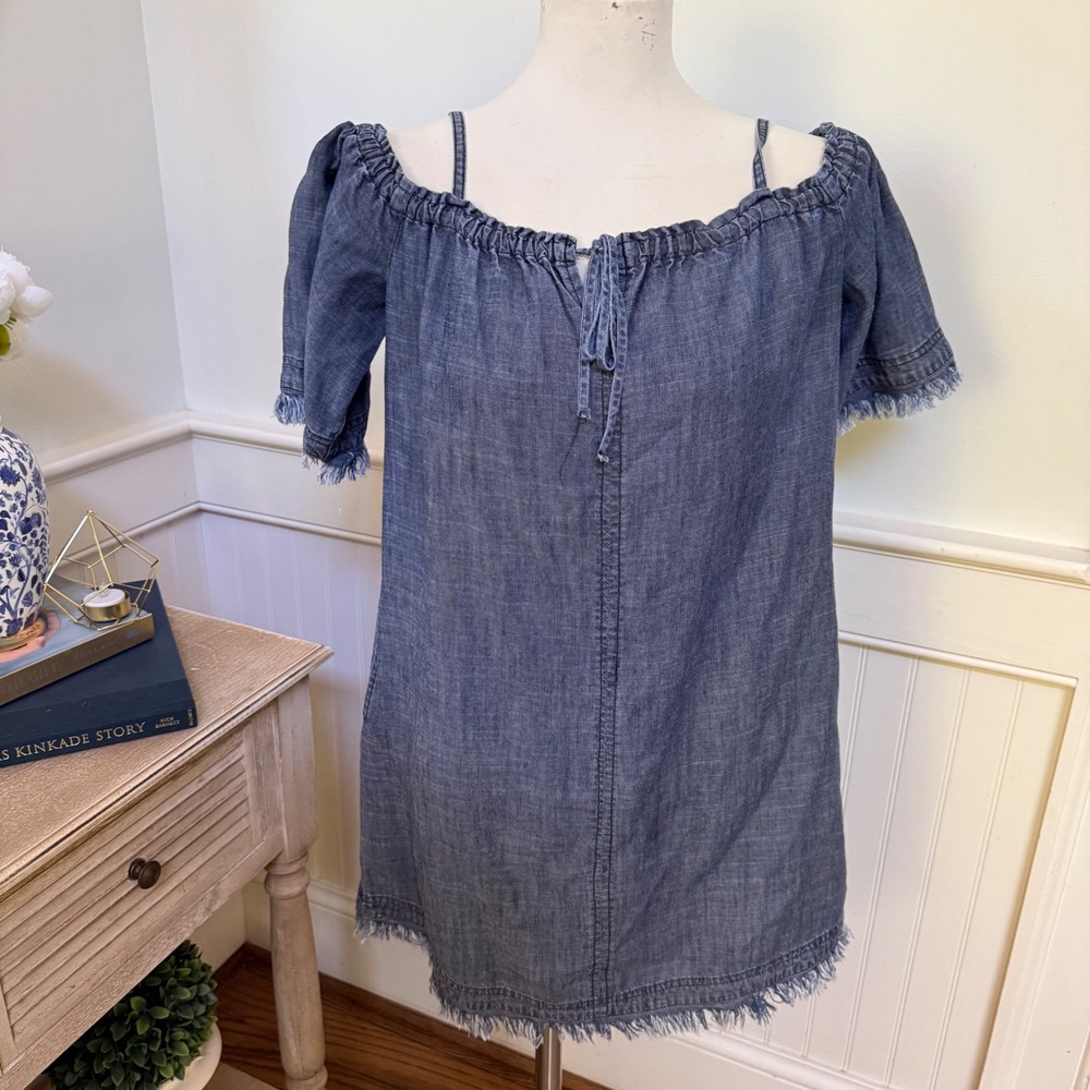Trina Turk Womens Blue Lyocell Linen Chambray Off Shoulder Frayed Shift Dress S